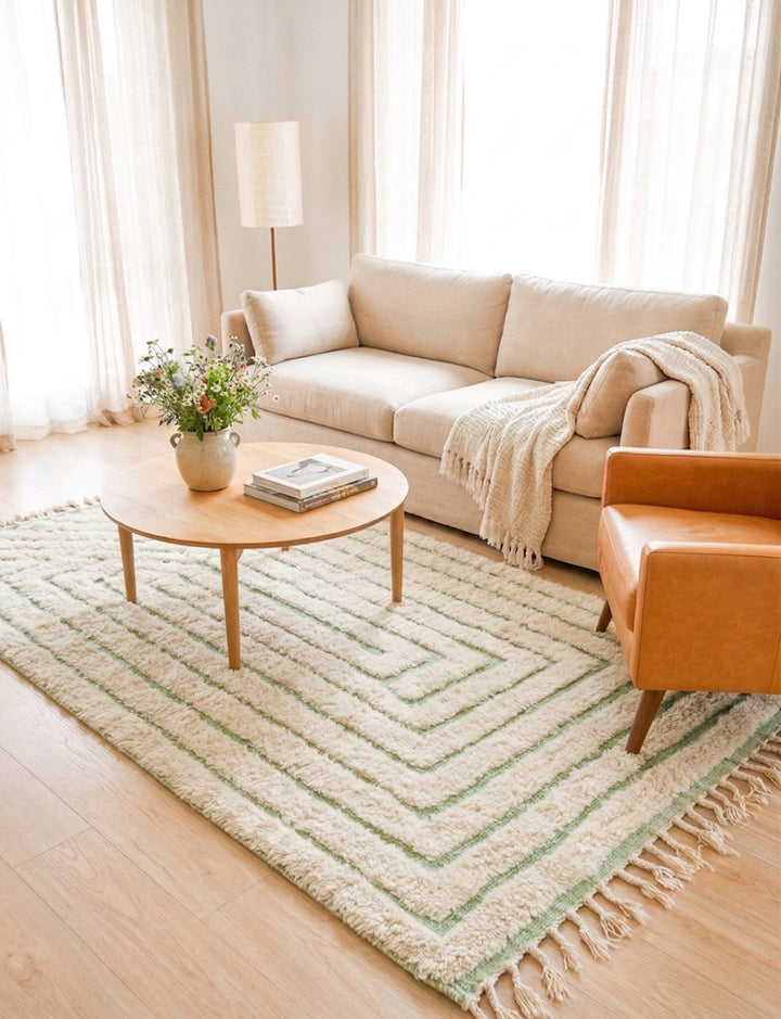 Authentic Custom Beni Ourain Rug | Sage Green Geometric Maze