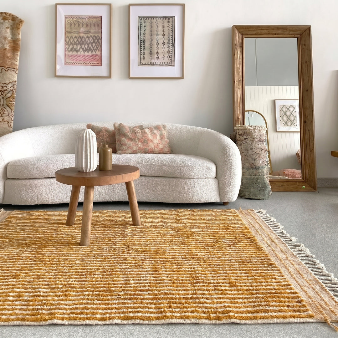 Custom Beni Ourain Rug | Reversible Mustard Yellow &amp; Cream Stripes