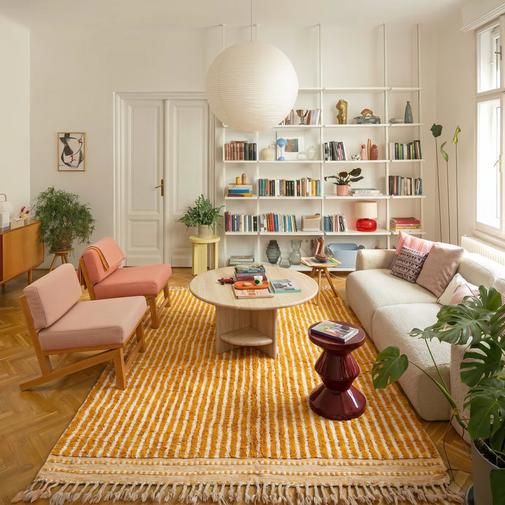 Custom Beni Ourain Rug | Reversible Mustard Yellow &amp; Cream Stripes