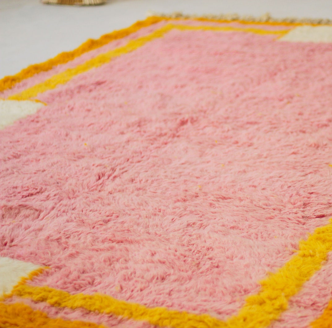 Custom Beni Ourain Rug | Soft Pink with Yellow Border &amp; Cream Accents