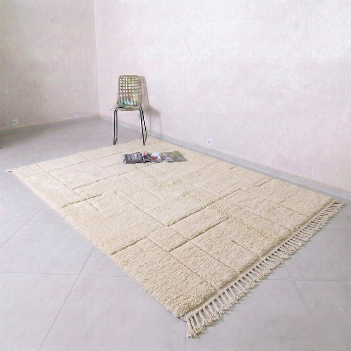 Authentic Custom Beni Ourain Rug | Solid Cream Sculpted Grid