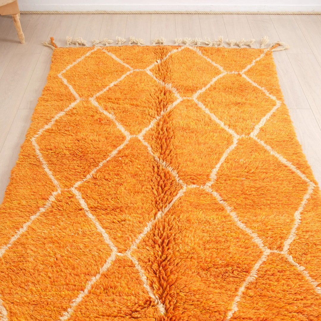 Tapis marocain rond sur mesure – Treillis losanges orange tangerine &amp; crème vifs