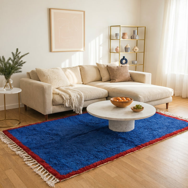 Custom Beni Ourain Rug | Cobalt Blue Berber Rug with Red Border