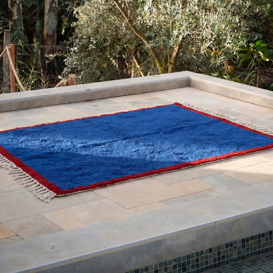Custom Beni Ourain Rug | Cobalt Blue Berber Rug with Red Border