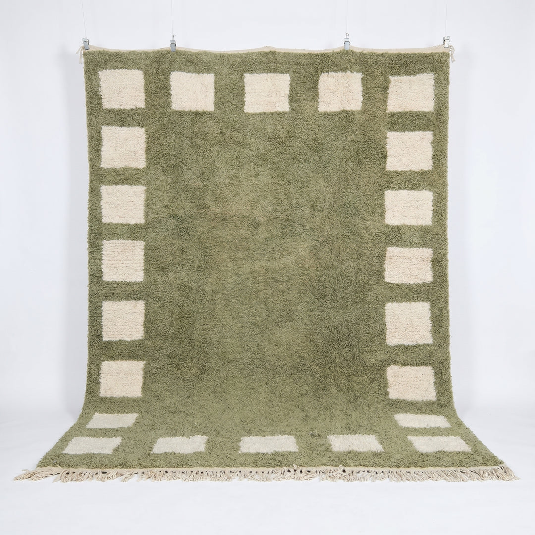 Custom Beni Ourain Rug | Green Cream Geometric Border
