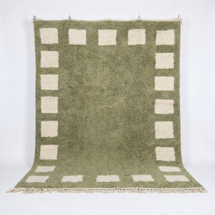 Custom Beni Ourain Rug | Green Cream Geometric Border