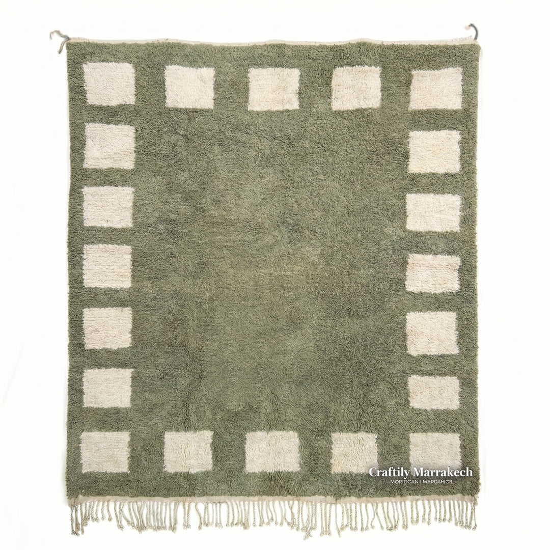Custom Beni Ourain Rug | Green Cream Geometric Border