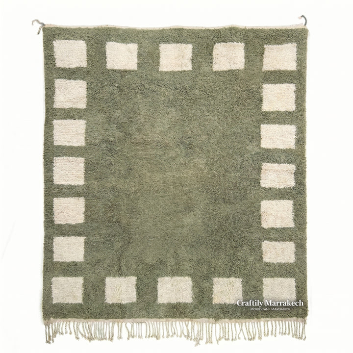 Custom Beni Ourain Rug | Green Cream Geometric Border