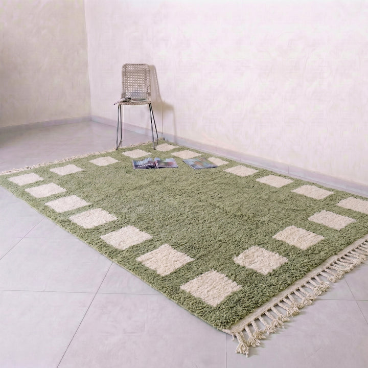 Custom Beni Ourain Rug | Green Cream Geometric Border