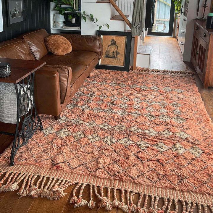 Authentic Custom Beni Ourain Rug -  Warm Terracotta &amp; Charcoal Diamond