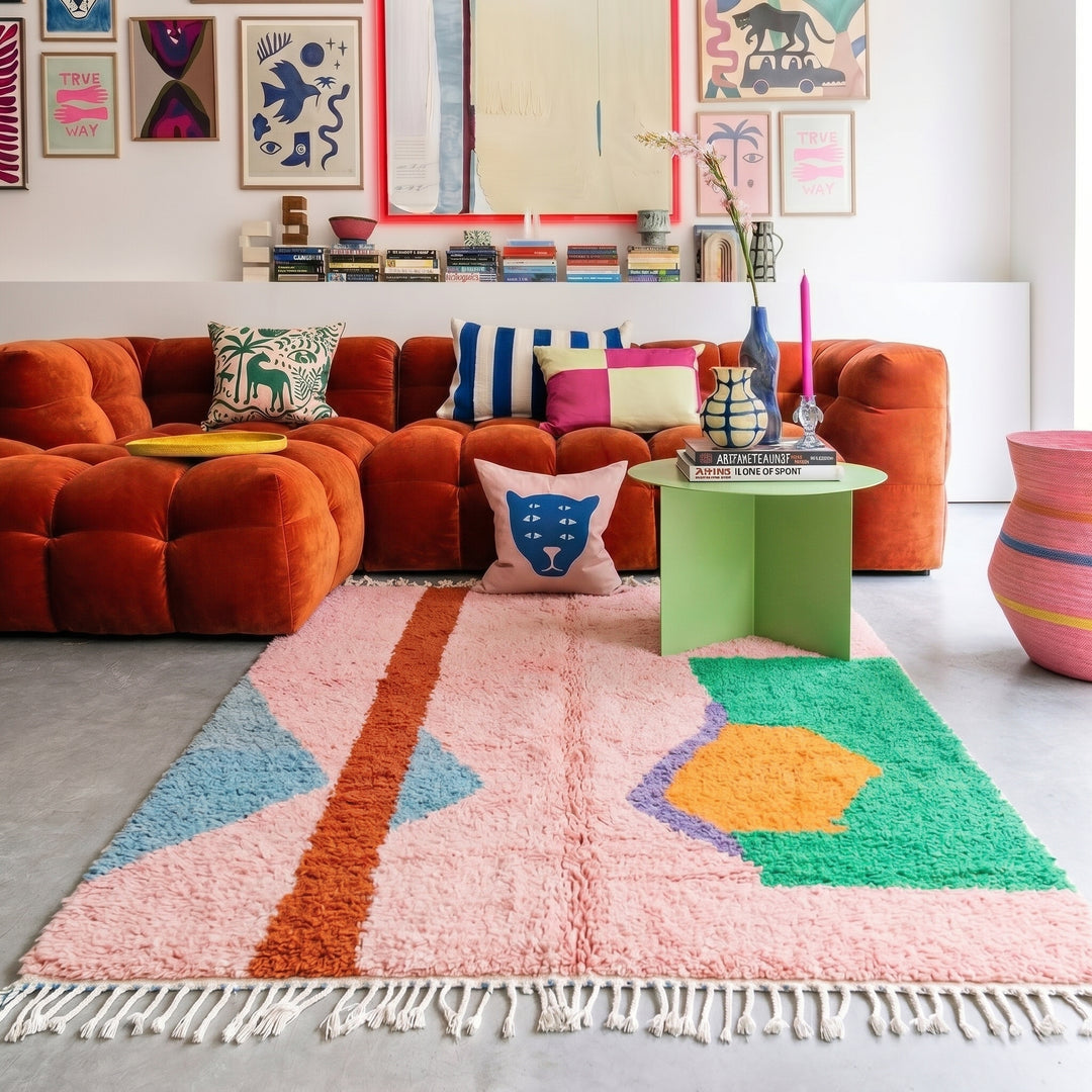 Custom Beni Ourain Rug | Abstract Pink &amp; Bold Color Block Geometric
