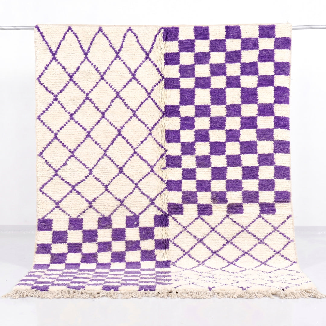 Authentic Custom Beni Ourain Rug | Purple Checkerboard &amp; Diamond Trellis