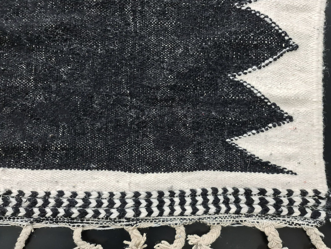 Custom Moroccan Flatweave Kilim Rug | Solid Black with White Sawtooth Border