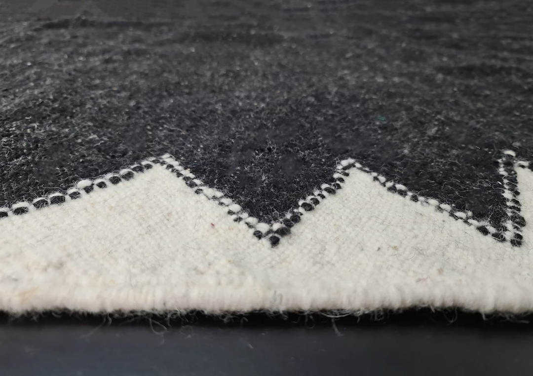 Custom Moroccan Flatweave Kilim Rug | Solid Black with White Sawtooth Border
