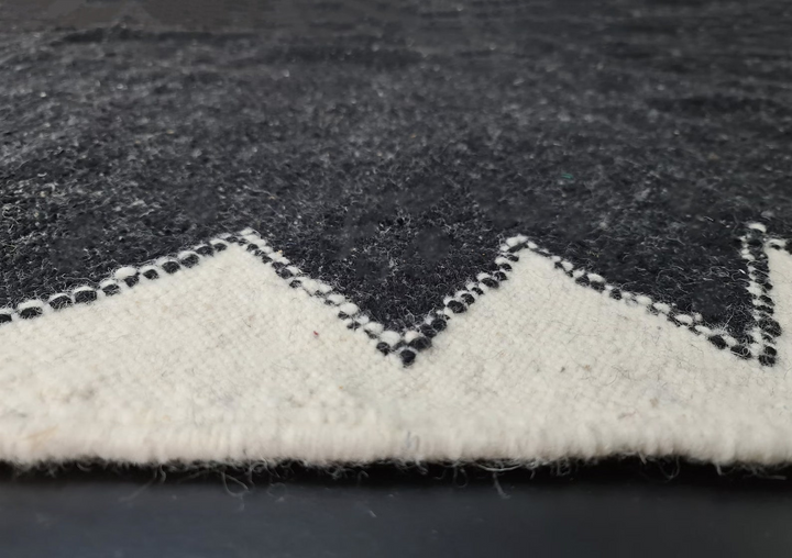 Custom Moroccan Flatweave Kilim Rug | Solid Black with White Sawtooth Border