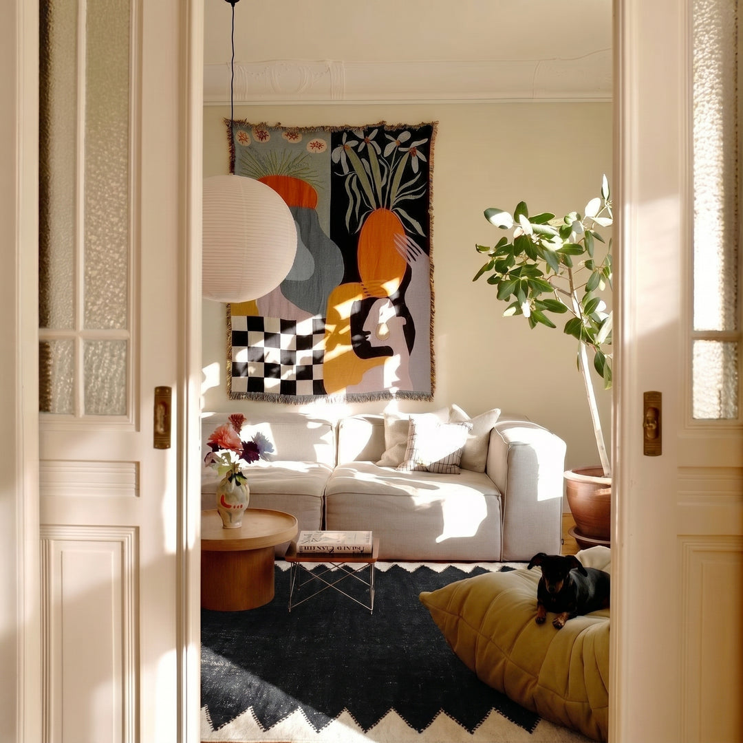 Custom Moroccan Flatweave Kilim Rug | Solid Black with White Sawtooth Border
