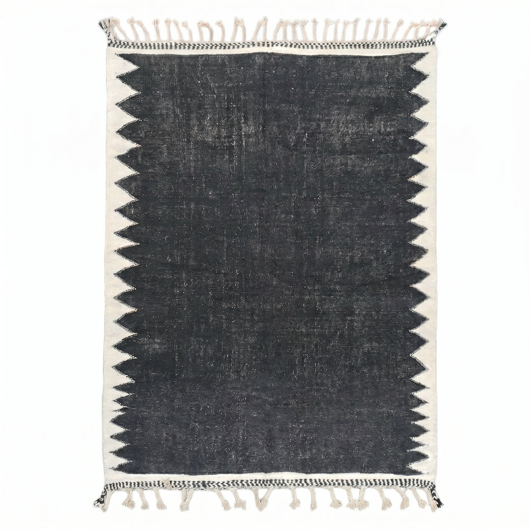 Custom Moroccan Flatweave Kilim Rug | Solid Black with White Sawtooth Border