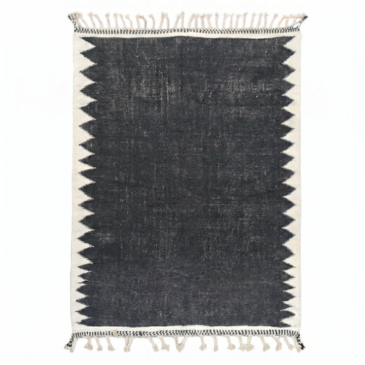 Custom Moroccan Flatweave Kilim Rug | Solid Black with White Sawtooth Border