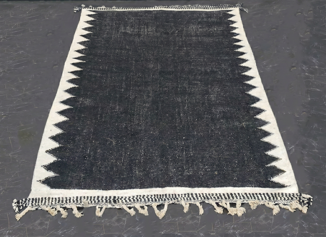 Custom Moroccan Flatweave Kilim Rug | Solid Black with White Sawtooth Border
