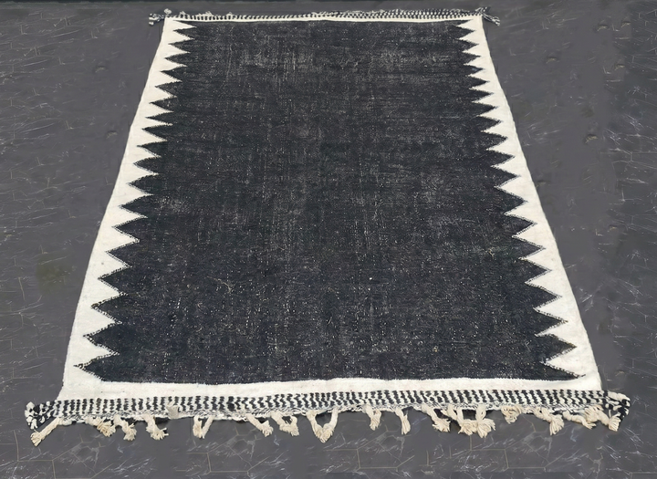 Custom Moroccan Flatweave Kilim Rug | Solid Black with White Sawtooth Border