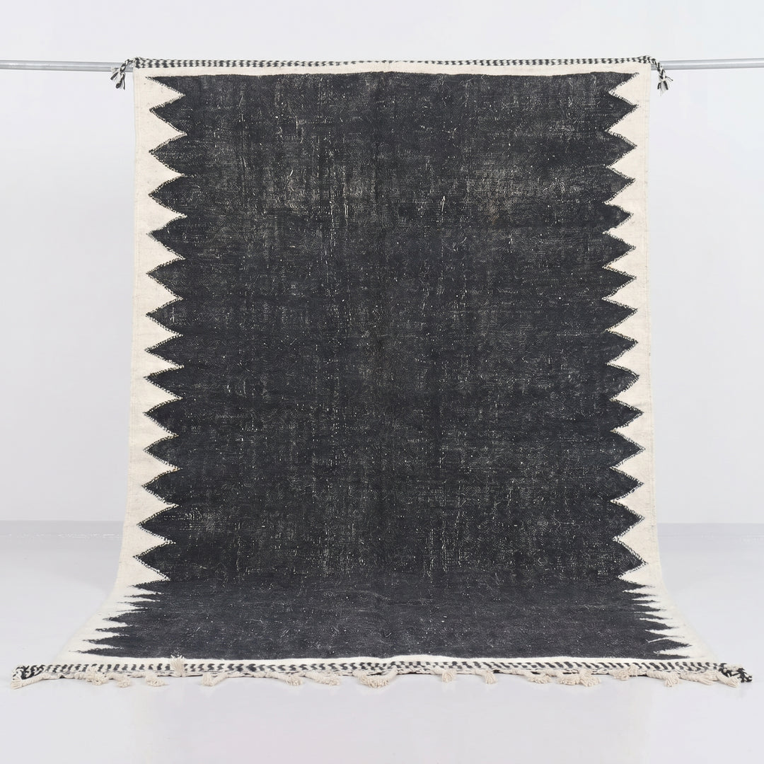 Custom Moroccan Flatweave Kilim Rug | Solid Black with White Sawtooth Border