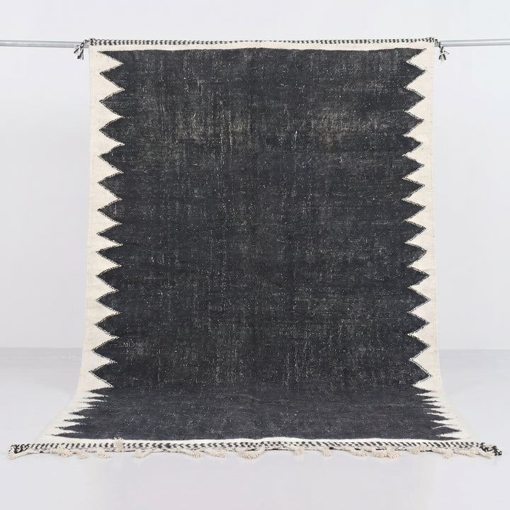 Custom Moroccan Flatweave Kilim Rug | Solid Black with White Sawtooth Border