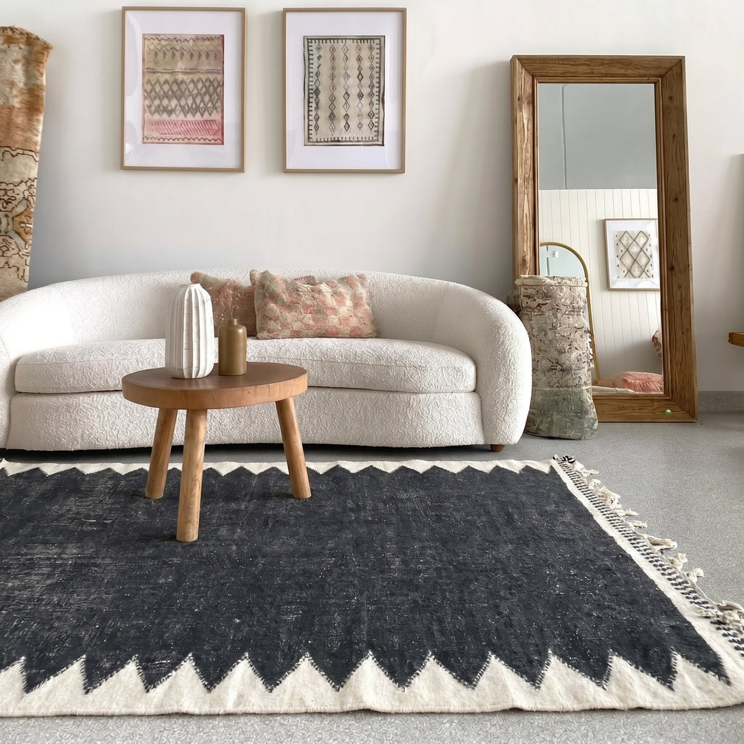 Custom Moroccan Flatweave Kilim Rug | Solid Black with White Sawtooth Border