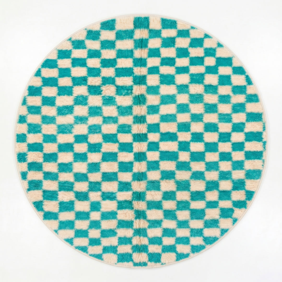 Custom Moroccan Round Rug – Turquoise &amp; Ivory Checkerboard Pattern