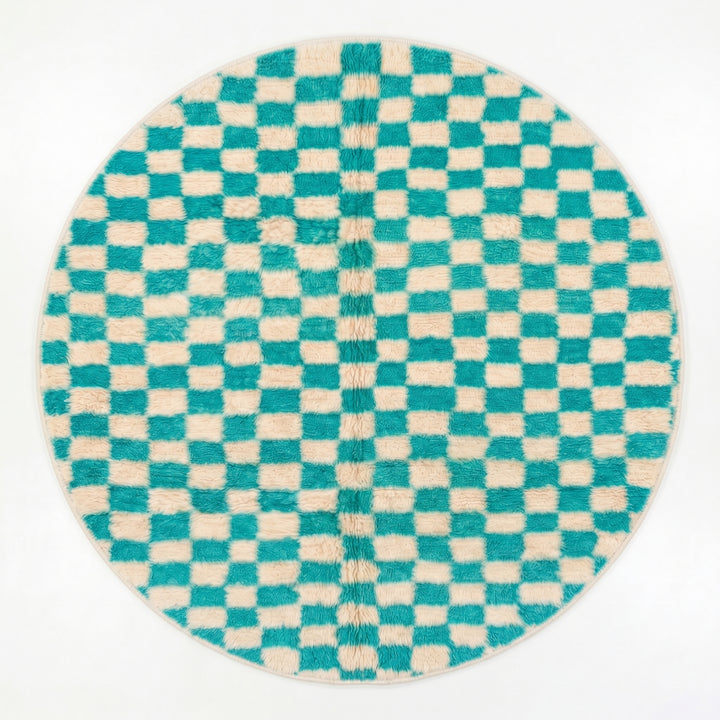 Custom Moroccan Round Rug – Turquoise &amp; Ivory Checkerboard Pattern
