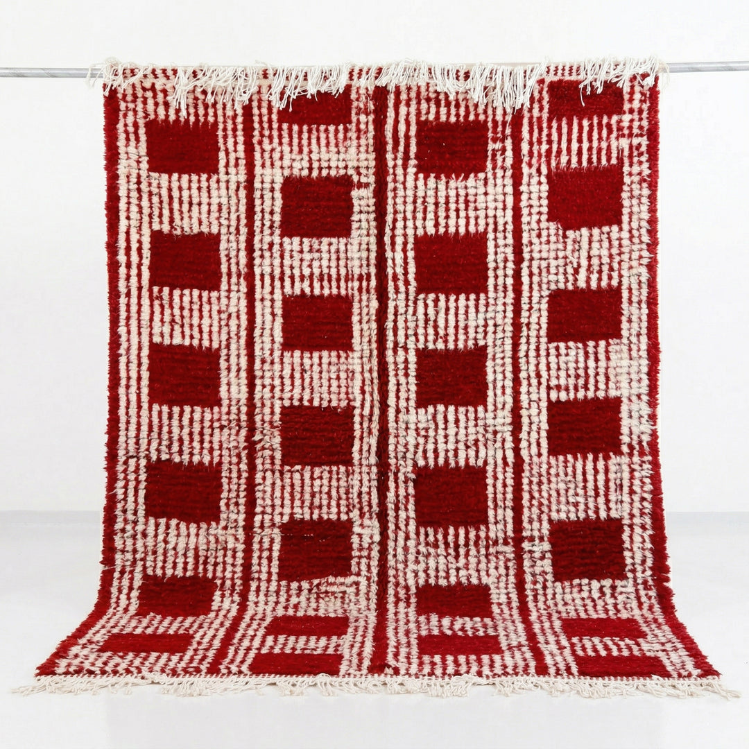 Authentic Custom Beni Ourain Rug | Bold Red &amp; Cream Checkered Grid
