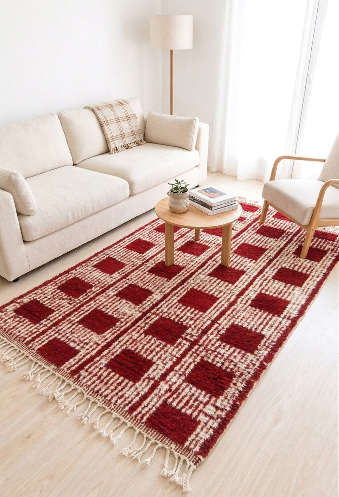 Authentic Custom Beni Ourain Rug | Bold Red &amp; Cream Checkered Grid