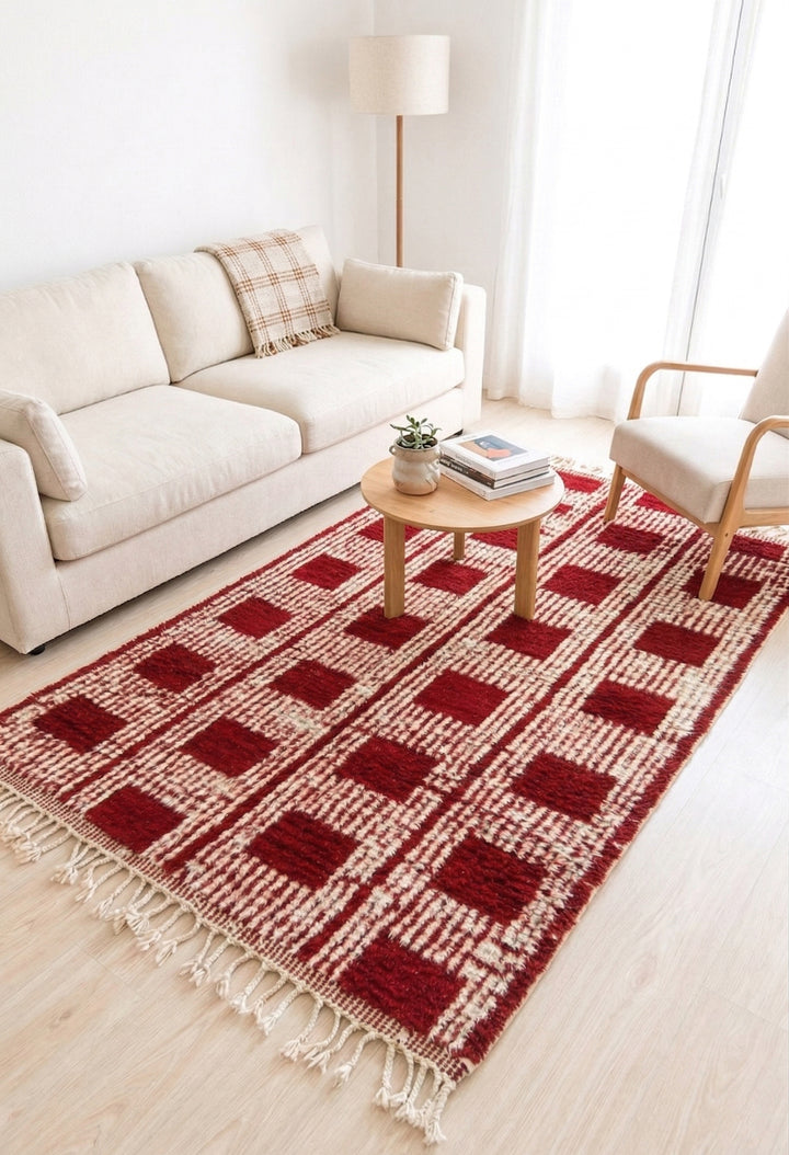 Authentic Custom Beni Ourain Rug | Bold Red &amp; Cream Checkered Grid