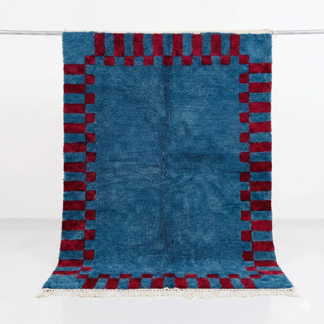Custom Beni Mrirt Rug | Ocean Blue &amp; Red Checkered Border