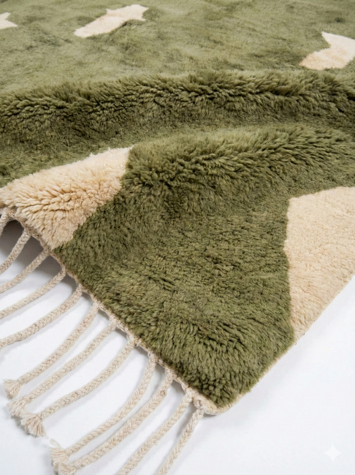 Custom Olive Green Beni Mrirt Rug | Abstract Cream Organic Wool Rug
