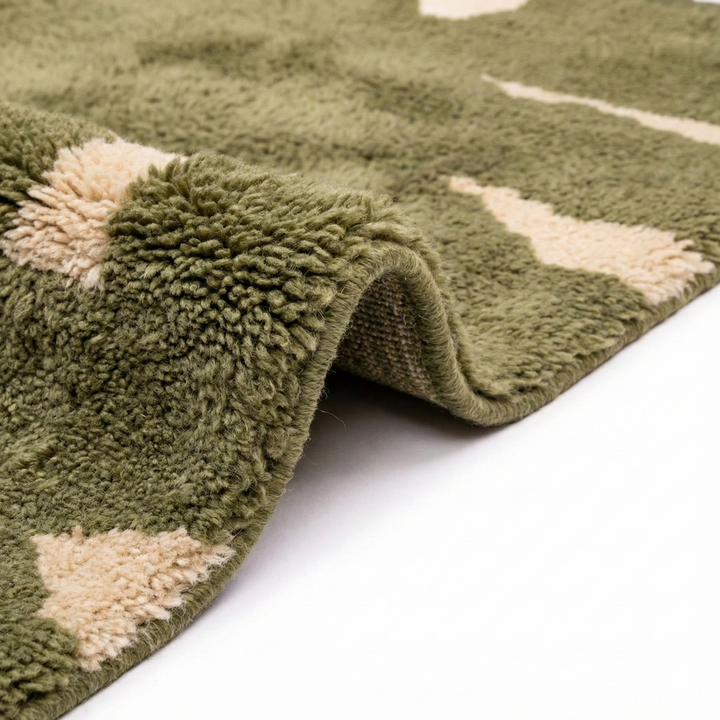 Custom Olive Green Beni Mrirt Rug | Abstract Cream Organic Wool Rug