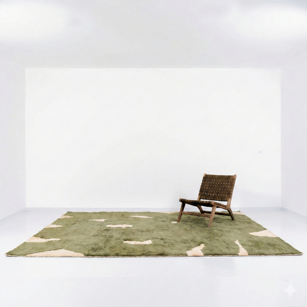 Custom Olive Green Beni Mrirt Rug | Abstract Cream Organic Wool Rug