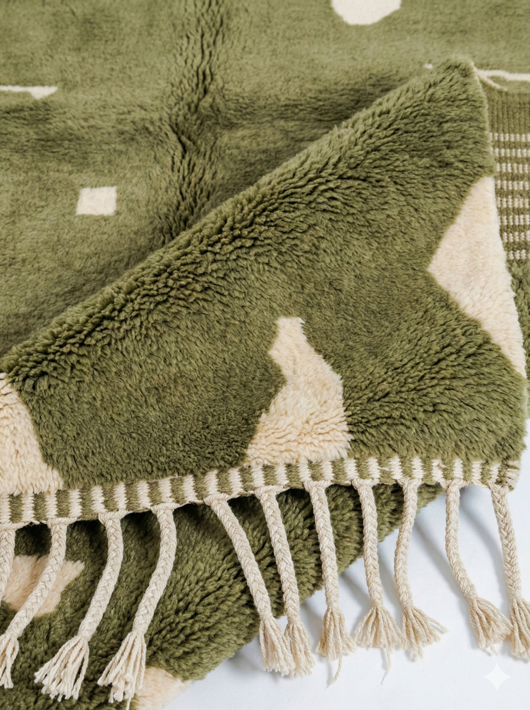 Custom Olive Green Beni Mrirt Rug | Abstract Cream Organic Wool Rug