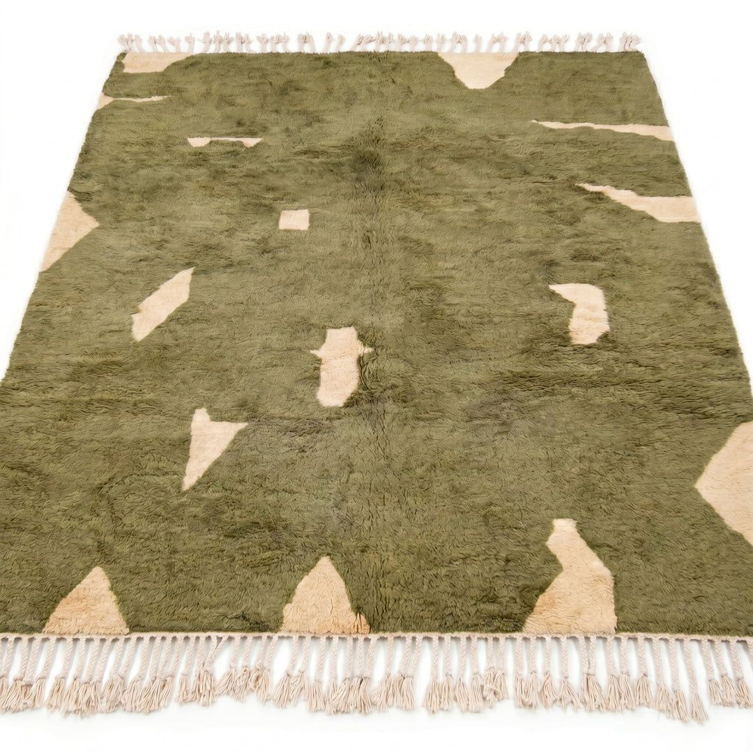 Custom Olive Green Beni Mrirt Rug | Abstract Cream Organic Wool Rug