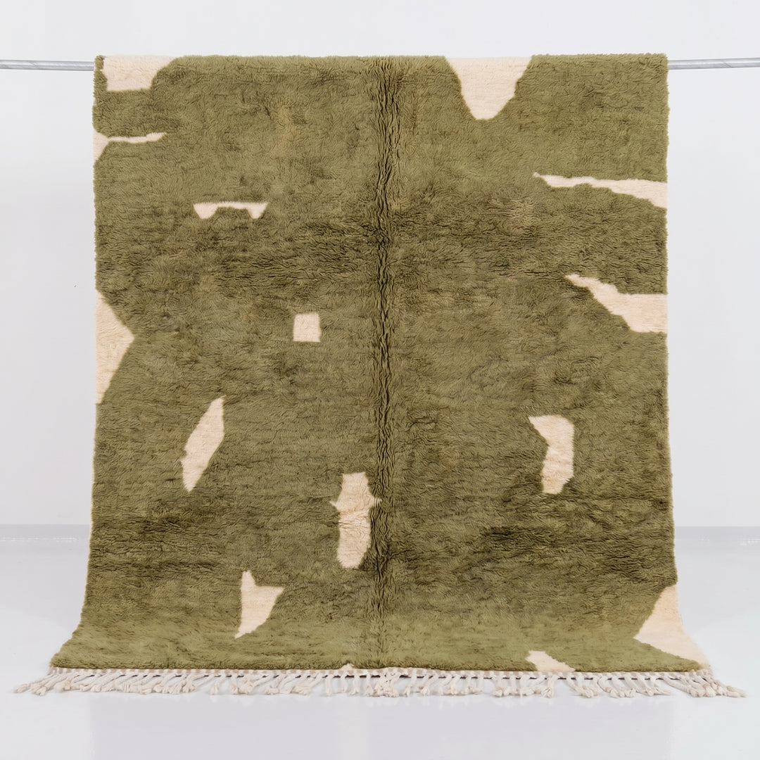 Custom Olive Green Beni Mrirt Rug | Abstract Cream Organic Wool Rug