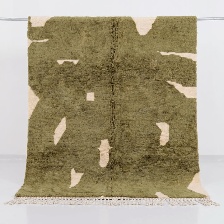 Custom Olive Green Beni Mrirt Rug | Abstract Cream Organic Wool Rug