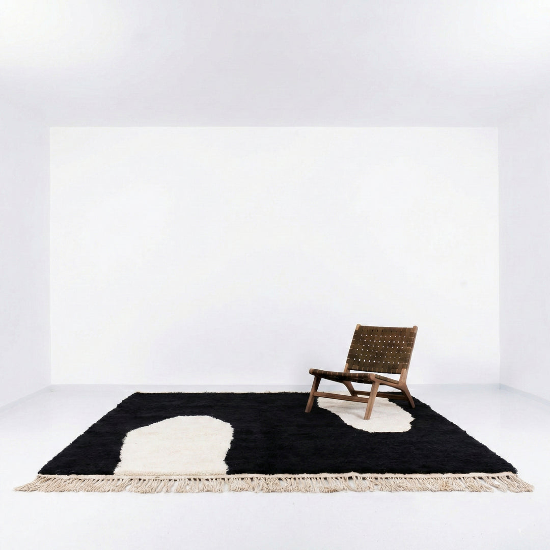 Tapis Beni Mrirt vert olive sur mesure | Abstrait noir et crème