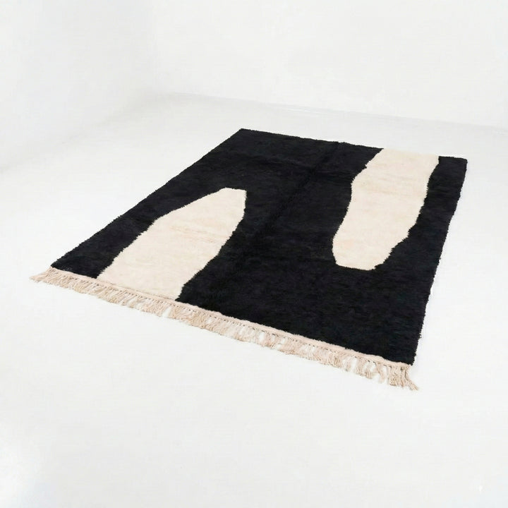 Tapis Beni Mrirt vert olive sur mesure | Abstrait noir et crème
