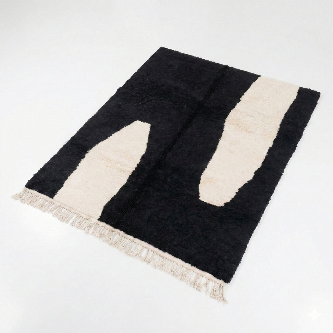 Tapis Beni Mrirt vert olive sur mesure | Abstrait noir et crème