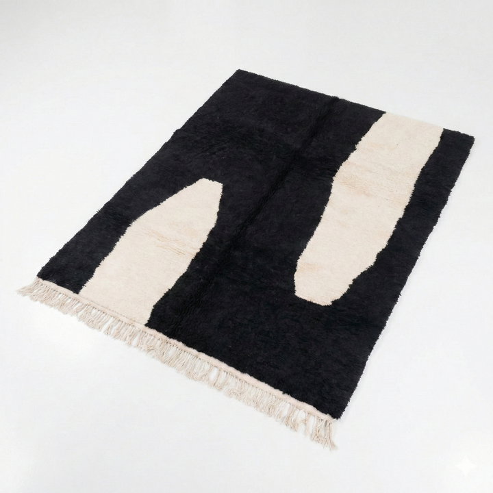Tapis Beni Mrirt vert olive sur mesure | Abstrait noir et crème