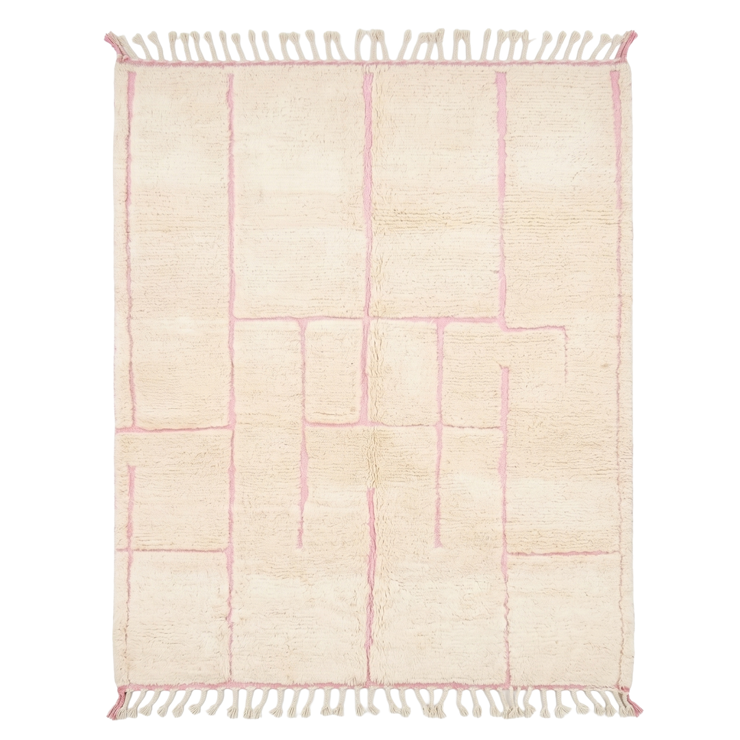 Authentic Custom Beni Ourain Rug | Cream &amp; Pink Modern Geometric Maze