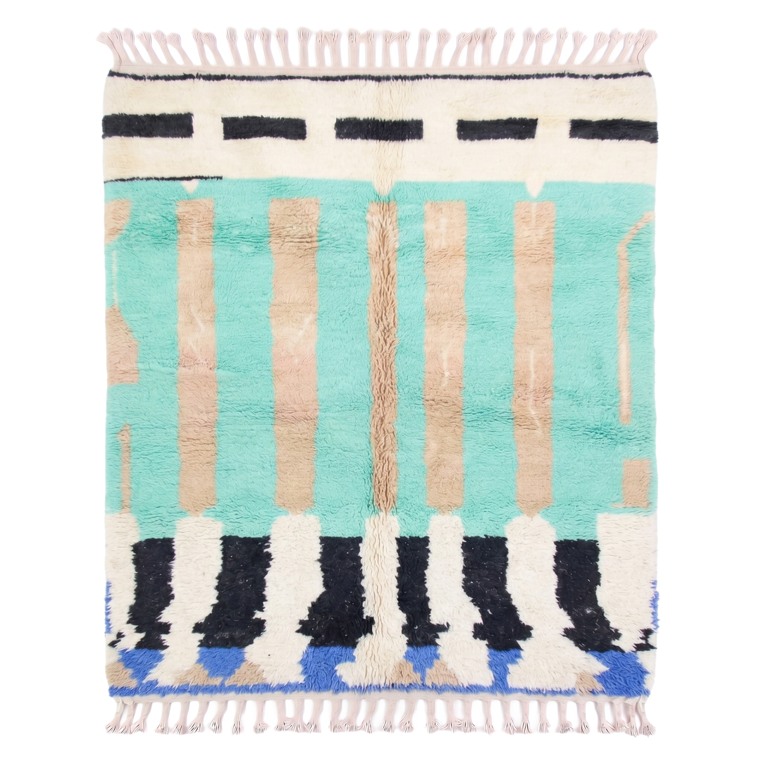 Authentic Custom Beni Ourain Rug | Vibrant Mint Green &amp; Sand Striped