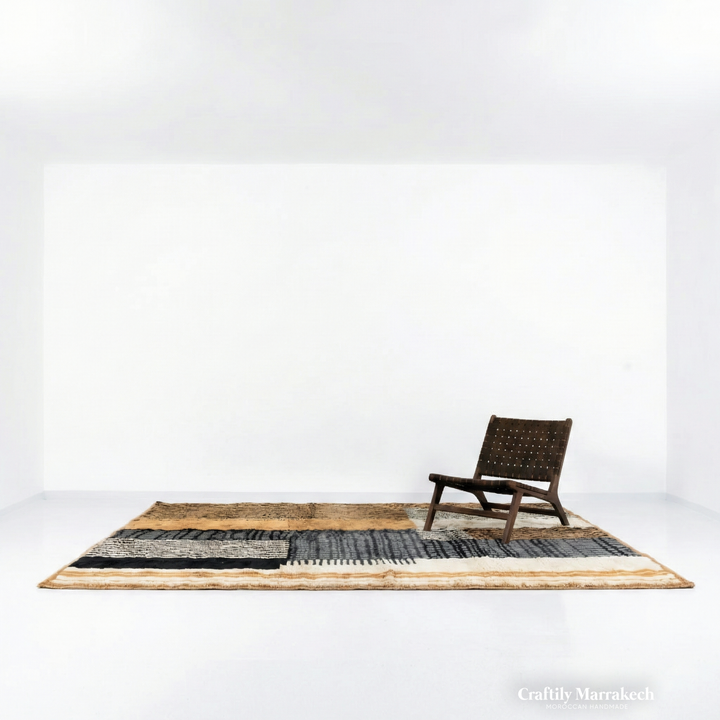 Custom Beni Mrirt Rug – Modernist Geometric Colorblock in Camel &amp; Slate