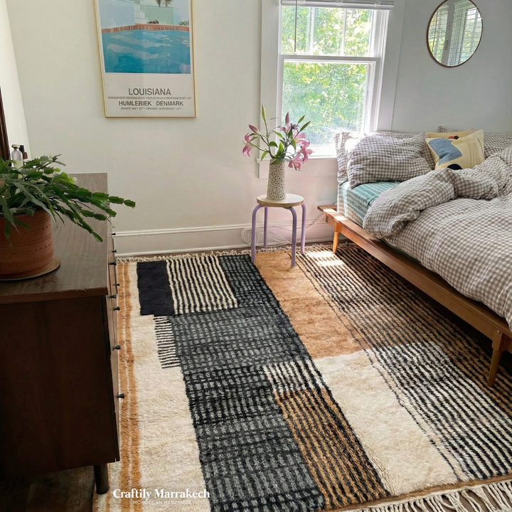Custom Beni Mrirt Rug – Modernist Geometric Colorblock in Camel &amp; Slate