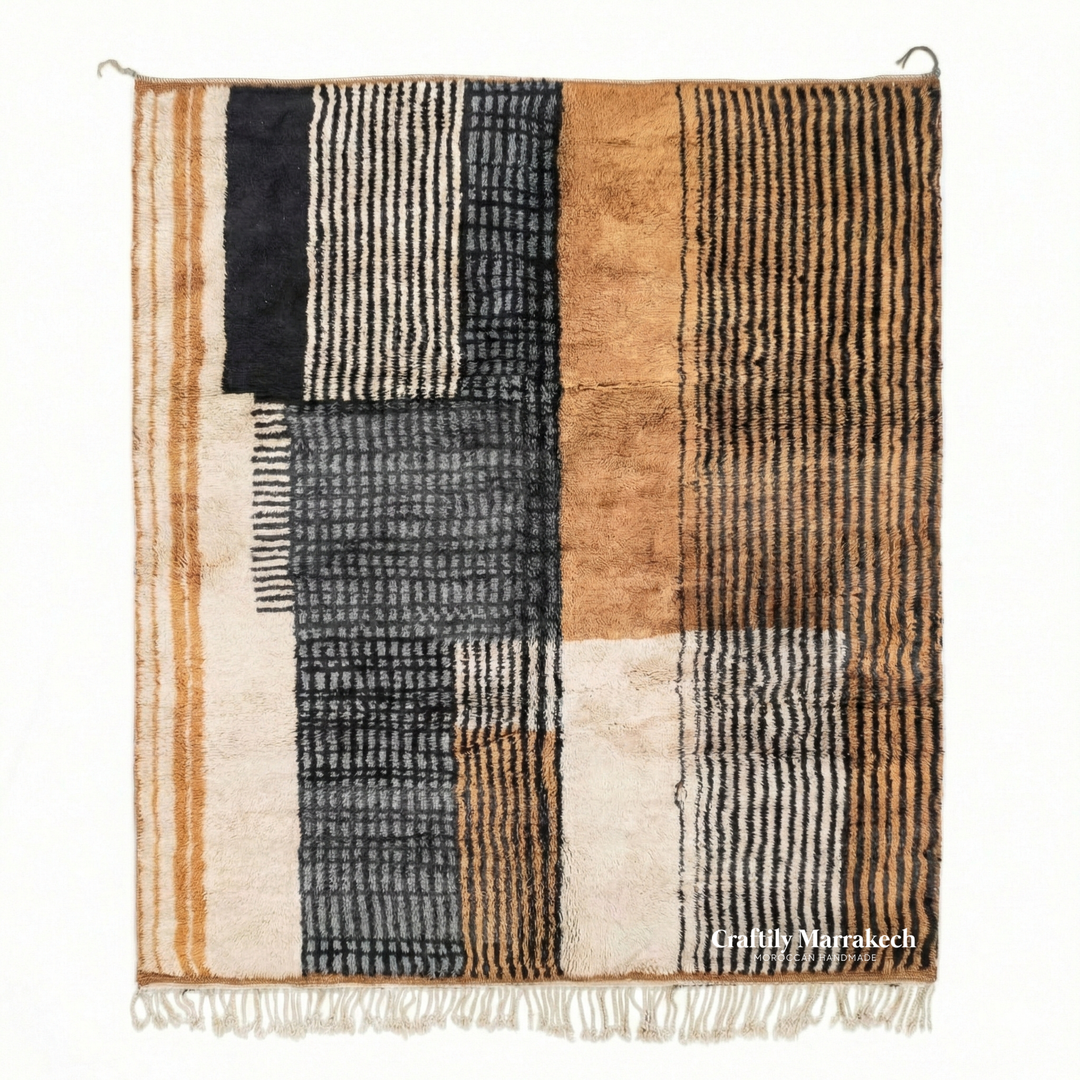 Custom Beni Mrirt Rug – Modernist Geometric Colorblock in Camel &amp; Slate