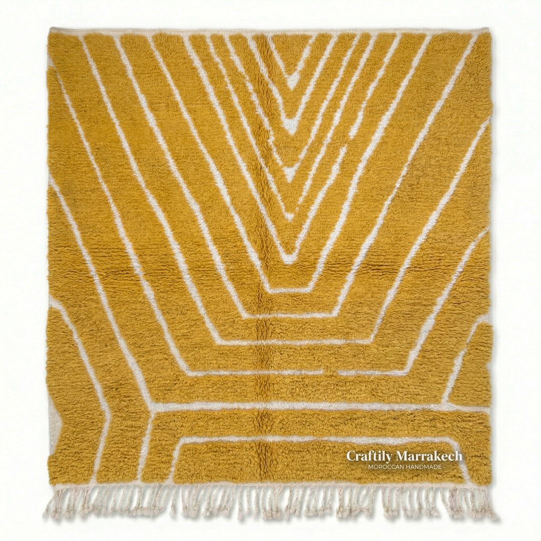 Authentic Custom Beni Ourain Rug | Carved Mustard Yellow Chevron